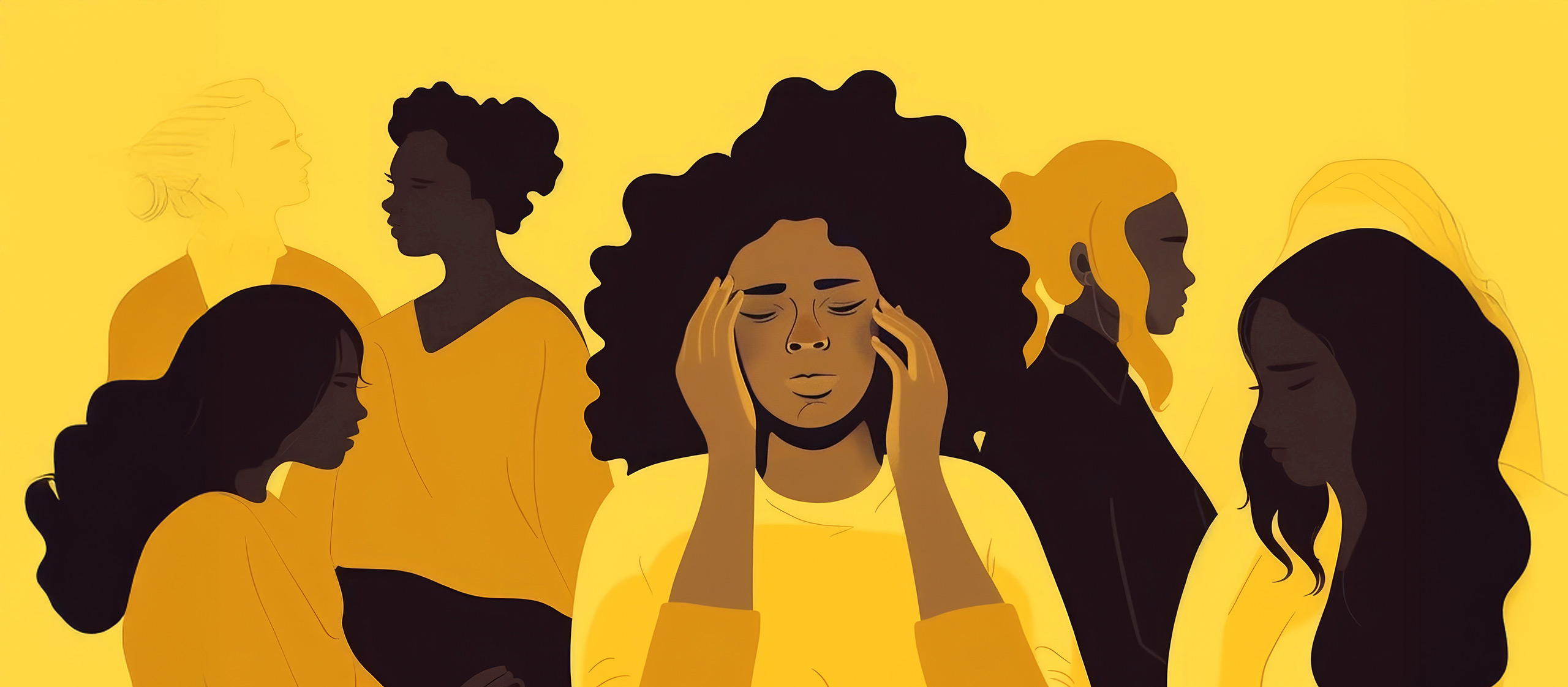 Illustration of diverse women experiencing stress and emotional strain, symbolizing the impact of psychosocial hazards in the workplace.