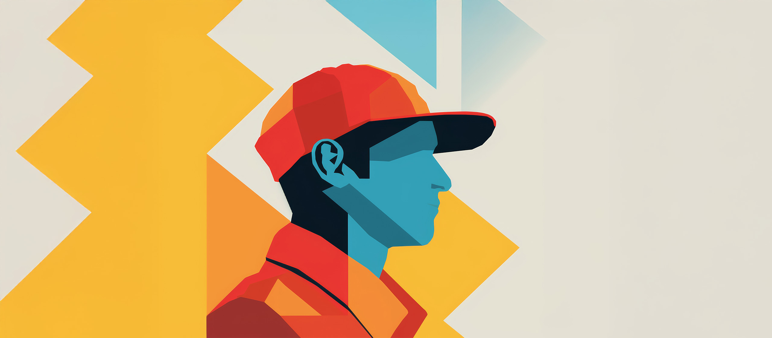 Abstract geometric illustration of a worker in a red hard hat, profile view, symbolizing psychological safety and a proactive workplace safety culture.