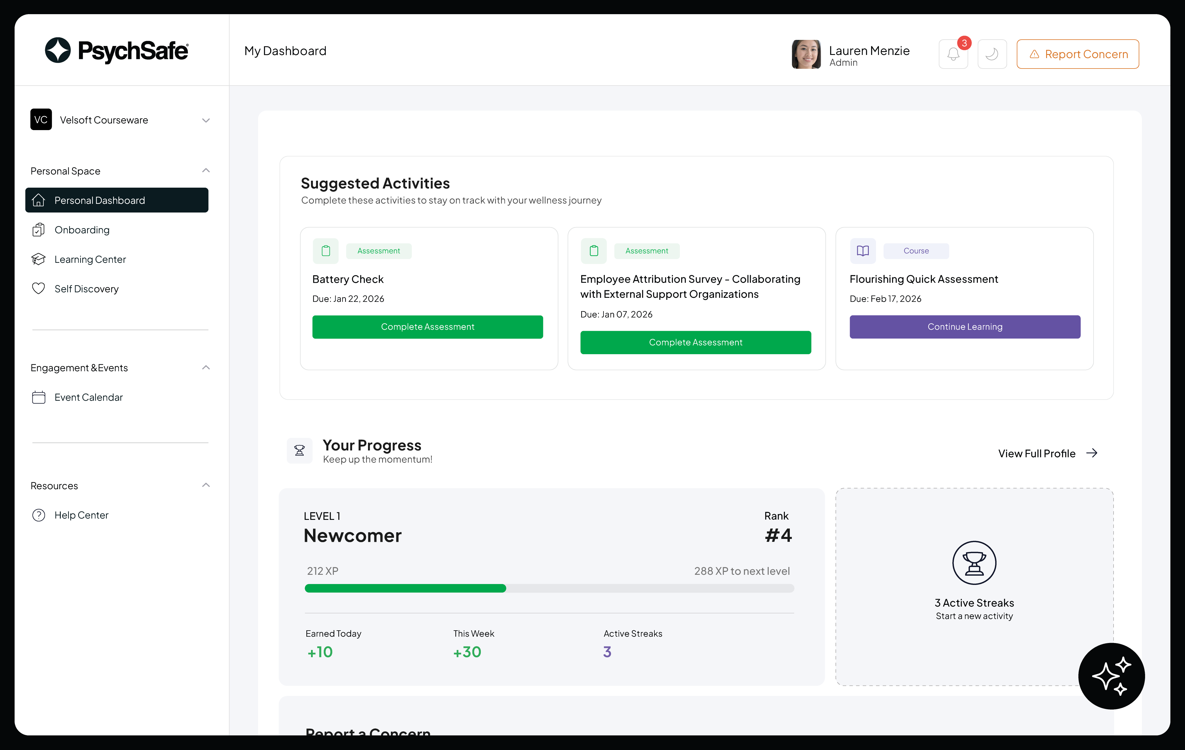 Personal employee space within a psychological safety platform for managing mental health resources, assessments, and wellbeing activities.