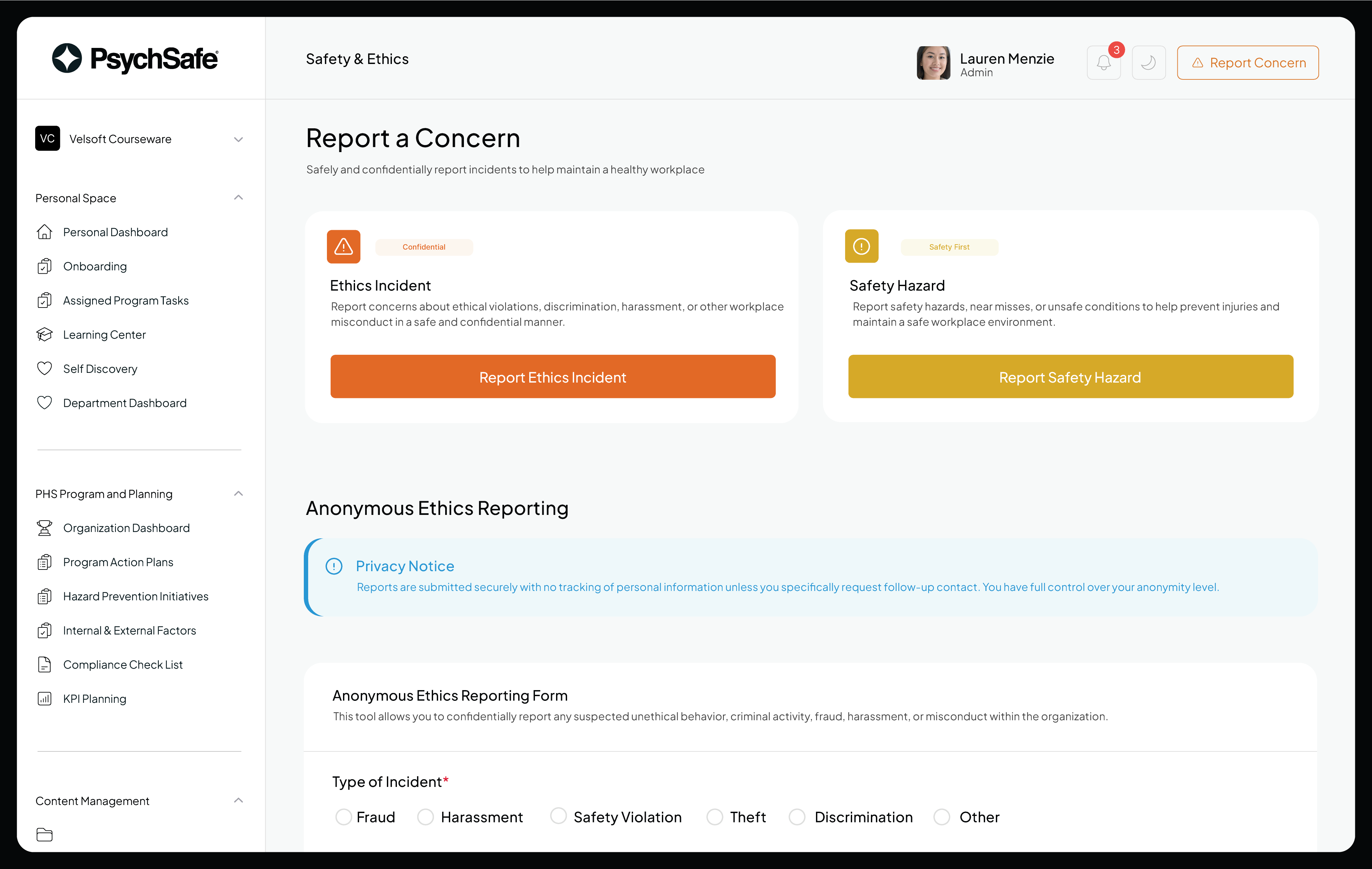 Workplace safety and ethics reporting feature supporting psychological safety, ethical behaviour, and mental health protection.